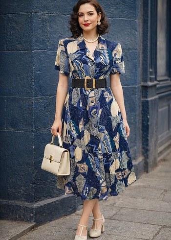 Vintage Love Retro Siklikta Mavi Desenli Vintage Midi Elbise