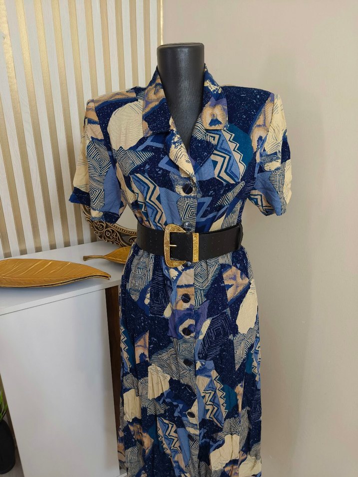 Retro Şıklıkta Mavi Desenli Vintage Midi Elbise — görsel 8/18