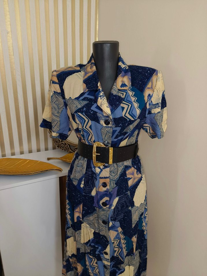 Retro Şıklıkta Mavi Desenli Vintage Midi Elbise — görsel 12/18