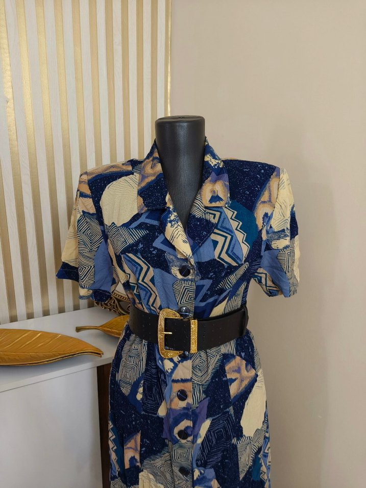 Retro Şıklıkta Mavi Desenli Vintage Midi Elbise — görsel 6/18