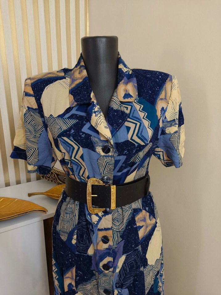 Retro Şıklıkta Mavi Desenli Vintage Midi Elbise — görsel 16/18