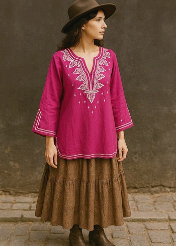 Nakış işlemeli Pembe Bohem Uzun Tunik