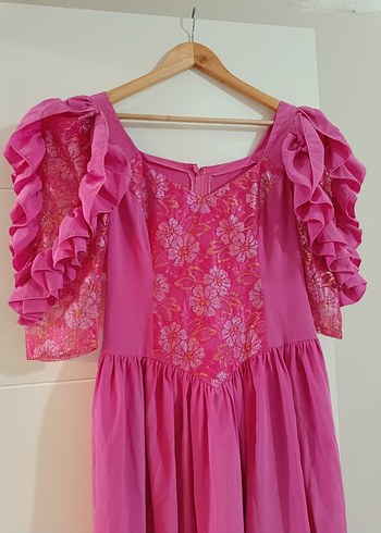 Vintage Dantel Detaylı Pembe Midi Elbise - Görsel 10