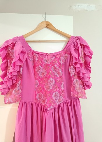 Vintage Dantel Detaylı Pembe Midi Elbise - Görsel 16