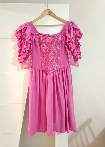 Vintage Dantel Detaylı Pembe Midi Elbise - Görsel 14