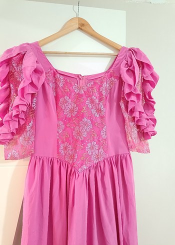 Vintage Dantel Detaylı Pembe Midi Elbise - Görsel 5