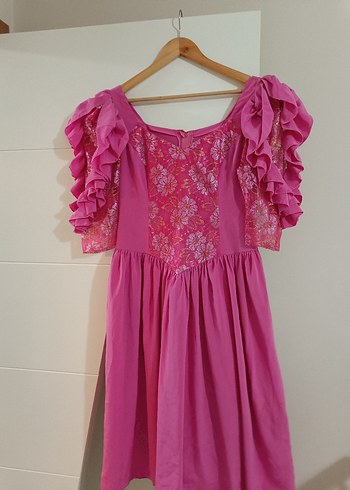 Vintage Dantel Detaylı Pembe Midi Elbise - Görsel 17