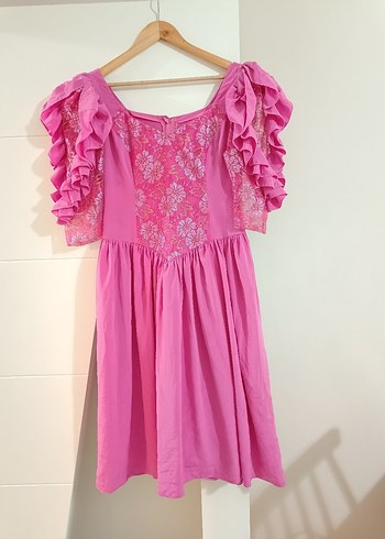 Vintage Dantel Detaylı Pembe Midi Elbise - Görsel 6