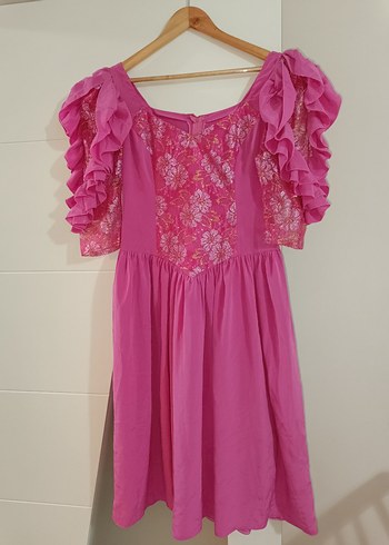 Vintage Dantel Detaylı Pembe Midi Elbise - Görsel 11