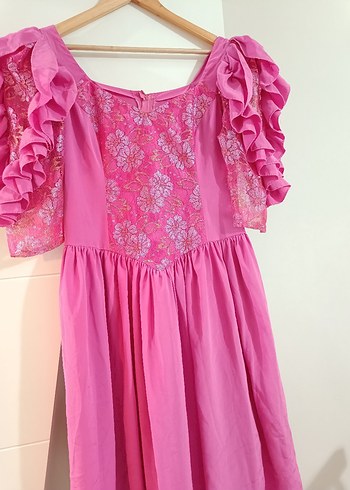 Vintage Dantel Detaylı Pembe Midi Elbise - Görsel 8