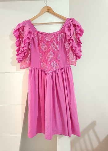 Vintage Dantel Detaylı Pembe Midi Elbise - Görsel 7