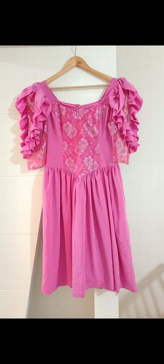 Vintage Dantel Detaylı Pembe Midi Elbise - Görsel 3