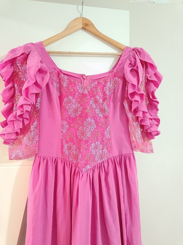 Vintage Dantel Detaylı Pembe Midi Elbise - Görsel 5