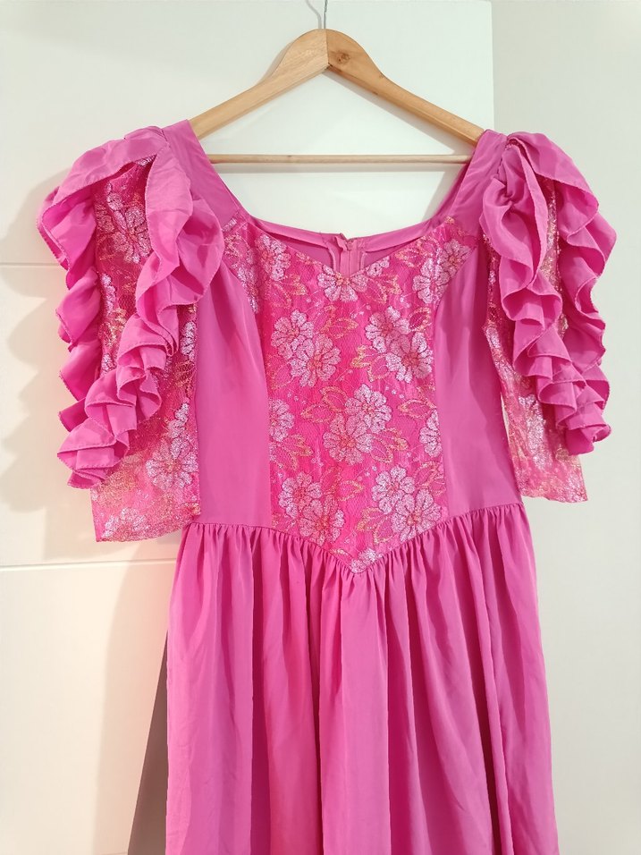 Vintage Dantel Detaylı Pembe Midi Elbise - Görsel 2