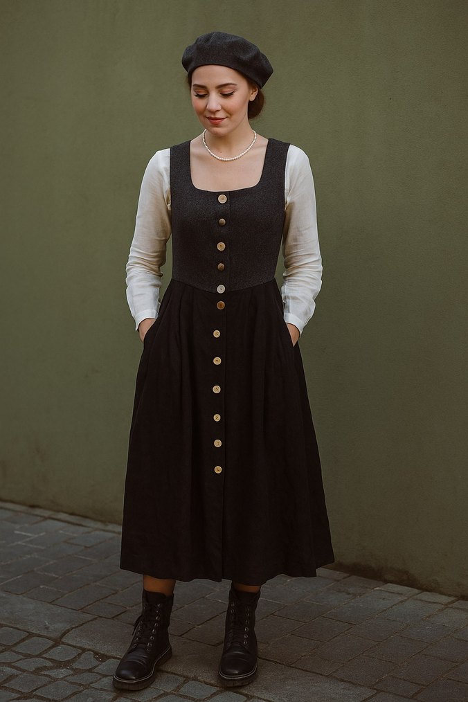 Düğmeli Siyah Yün Midi Elbise - Görsel 2