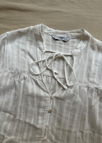 Düğmeli Beyaz Keten Bohem Bluz - Görsel 8