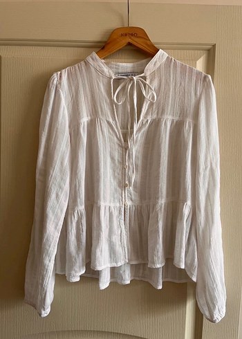 Düğmeli Beyaz Keten Bohem Bluz - Görsel 7