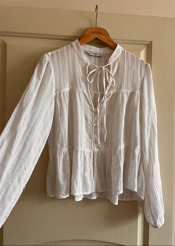 Düğmeli Beyaz Keten Bohem Bluz - Görsel 2