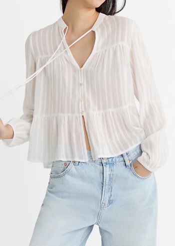 Düğmeli Beyaz Keten Bohem Bluz - Görsel 4