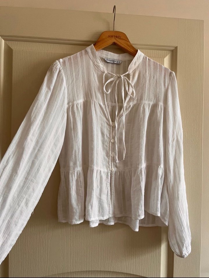 Düğmeli Beyaz Keten Bohem Bluz - Görsel 2