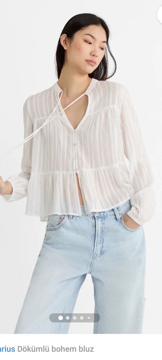 Düğmeli Beyaz Keten Bohem Bluz - Görsel 4