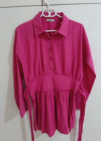 Düğmeli Koyu Pembe Kadın Keten Gömlek - Görsel 4