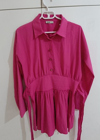 Düğmeli Koyu Pembe Kadın Keten Gömlek - Görsel 2