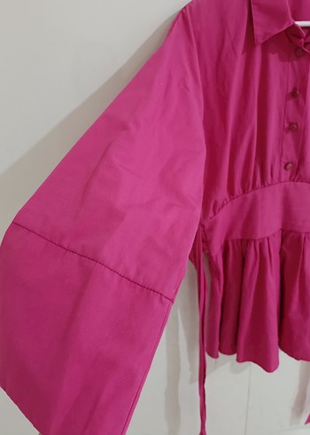 Düğmeli Koyu Pembe Kadın Keten Gömlek - Görsel 5