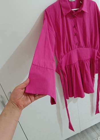 Düğmeli Koyu Pembe Kadın Keten Gömlek - Görsel 6