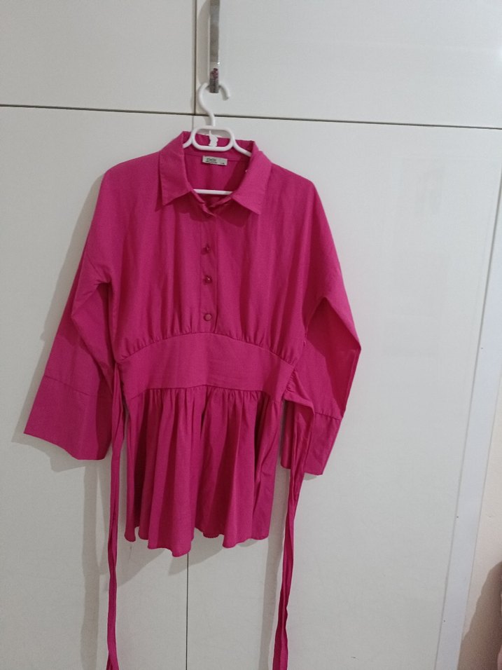 Düğmeli Koyu Pembe Kadın Keten Gömlek - Görsel 3