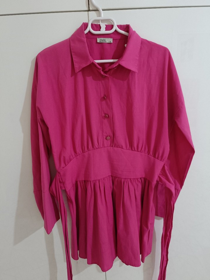 Düğmeli Koyu Pembe Kadın Keten Gömlek - Görsel 4