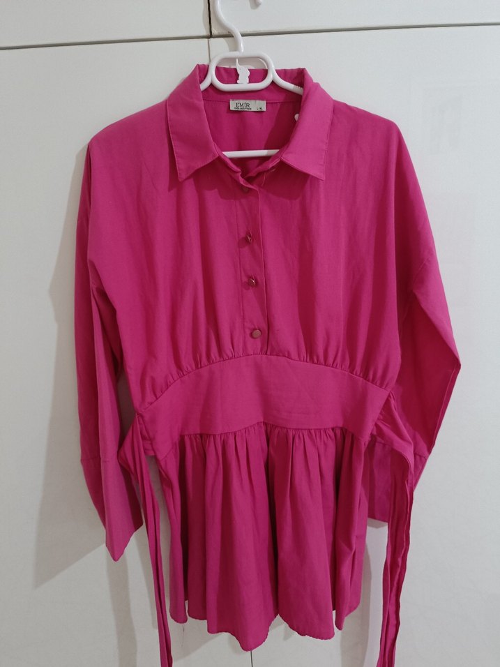 Düğmeli Koyu Pembe Kadın Keten Gömlek - Görsel 2