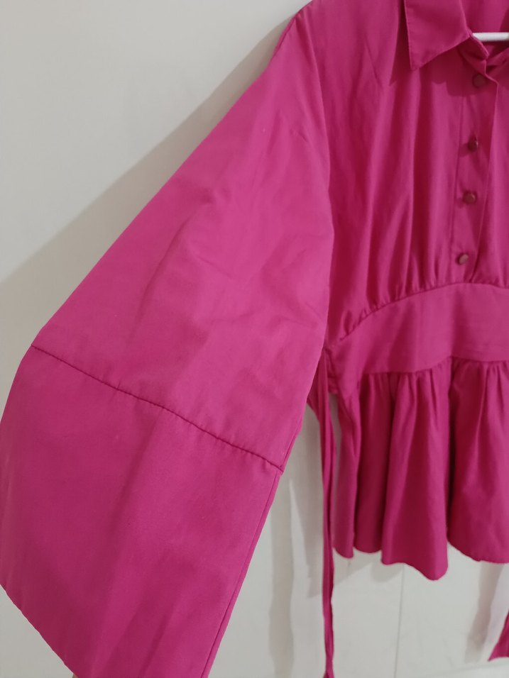 Düğmeli Koyu Pembe Kadın Keten Gömlek - Görsel 5