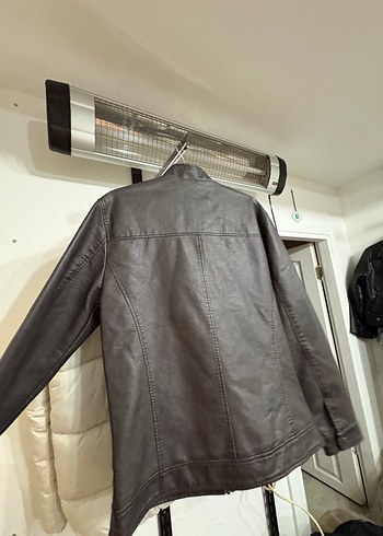 Gri Deri Biker Ceket Yüksek Yaka - Görsel 4