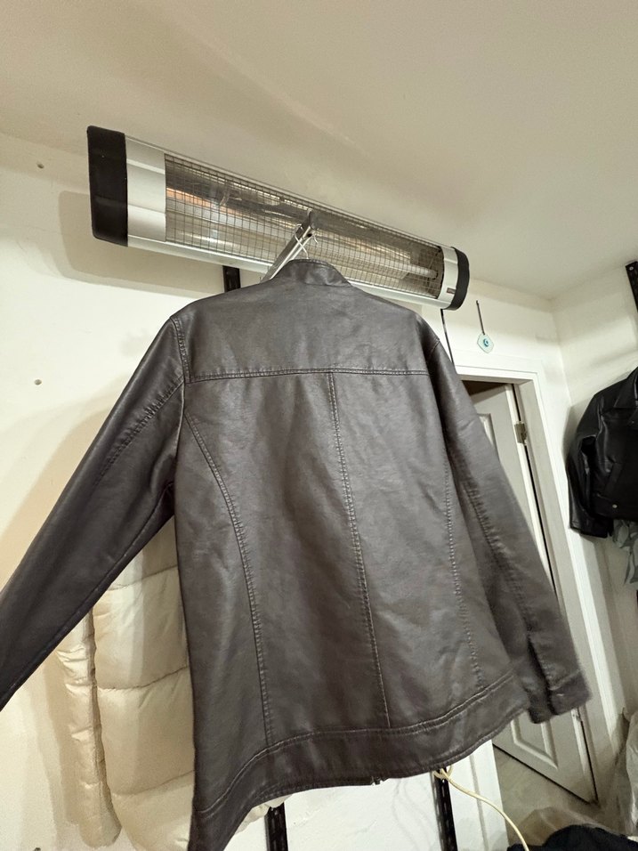 Gri Deri Biker Ceket Yüksek Yaka - Görsel 4