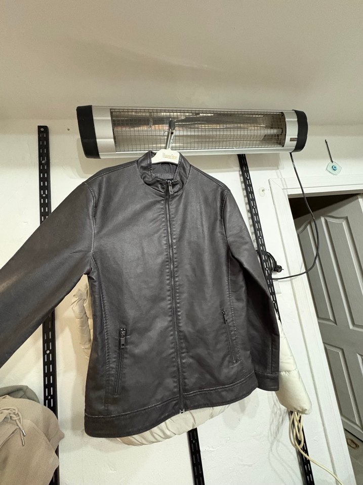 Gri Deri Biker Ceket Yüksek Yaka - Görsel 2