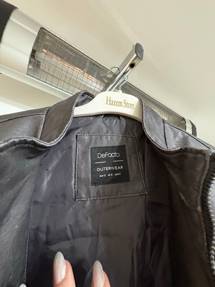 Gri Deri Biker Ceket Yüksek Yaka - Görsel 3