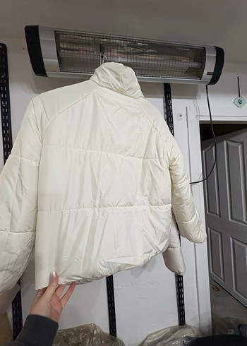 Beyaz Peluş Kadın Ceket, Yüksek Yaka, Rahat Kesim - Görsel 4