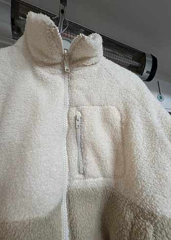 Beyaz Peluş Kadın Ceket, Yüksek Yaka, Rahat Kesim - Görsel 2