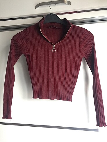 Bordo önü fermuarlı bluz