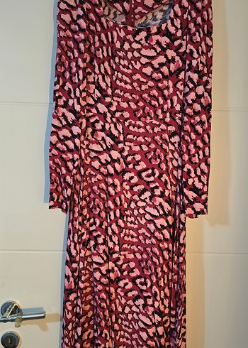 pembe siyah leopar desen Uzun Kollu u yaka prenses kollu elbise - Görsel 3