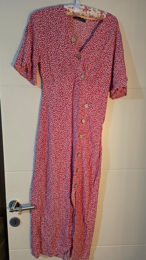 Düğmeli Kırmızı V Yaka Midi Elbise - Görsel 2