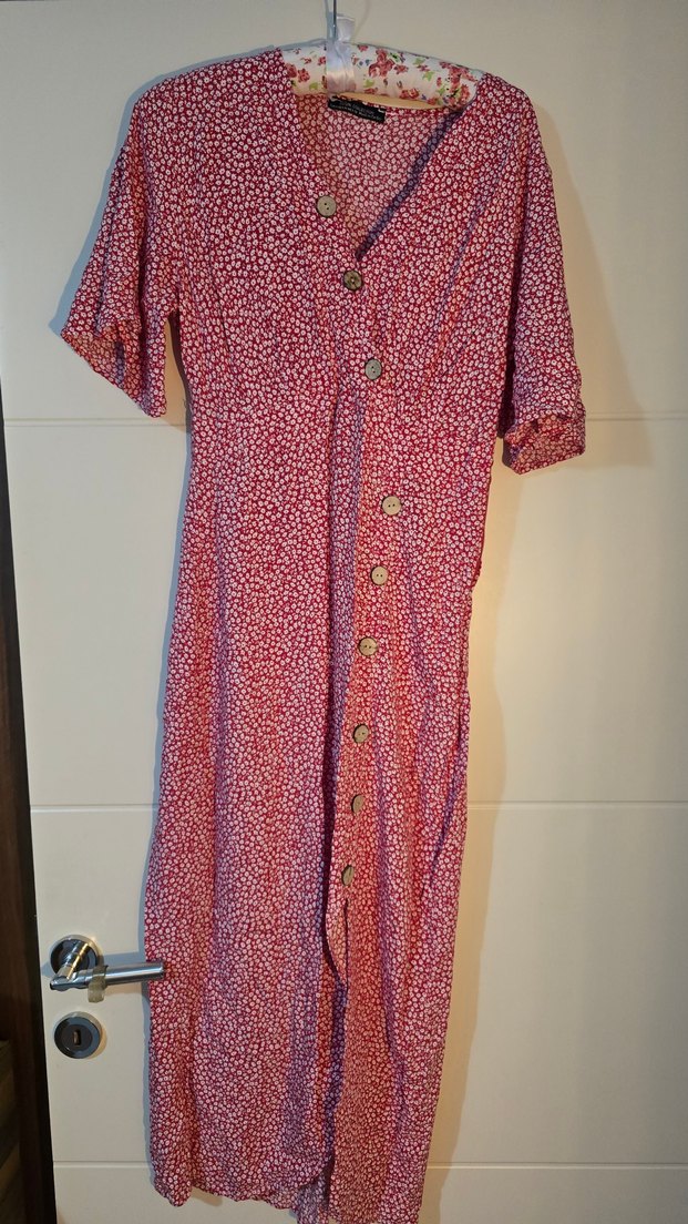 Düğmeli Kırmızı V Yaka Midi Elbise - Görsel 3