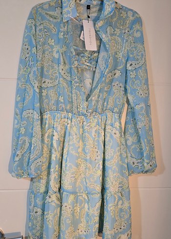 Mavi Uzun Bohem gomlek Fırfırlı Elbise - Görsel 2