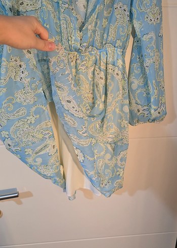 Mavi Uzun Bohem gomlek Fırfırlı Elbise - Görsel 3