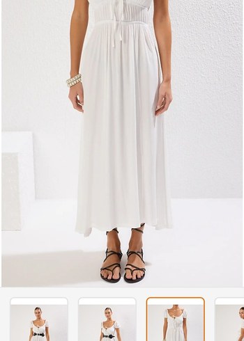 Bohem Tarzı Beyaz Uzun Pamuklu plaj Elbisesi - Görsel 2