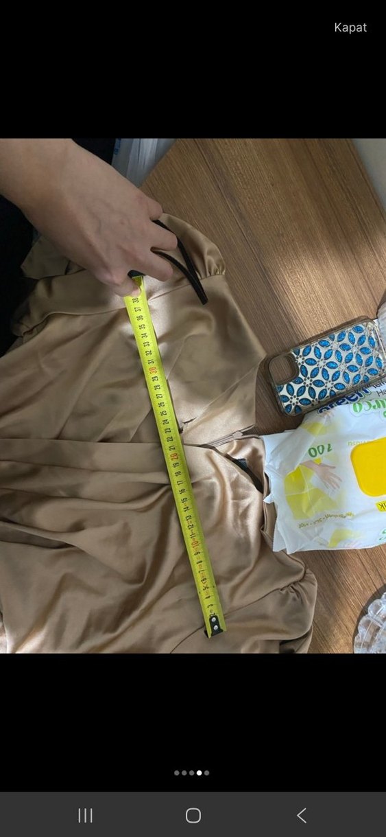 Bej Uzun Kollu Drapeli Saten Elbise - Görsel 4