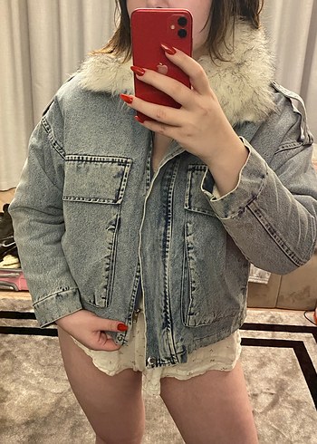 Robin Gri Kadın Kürklü Denim Ceket
