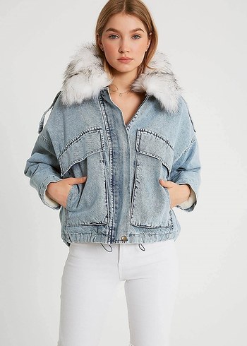 Gri Kadın Kürklü Denim Ceket