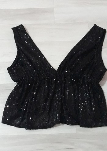 Siyah Simli V Yaka Kısa Kadın Crop Top